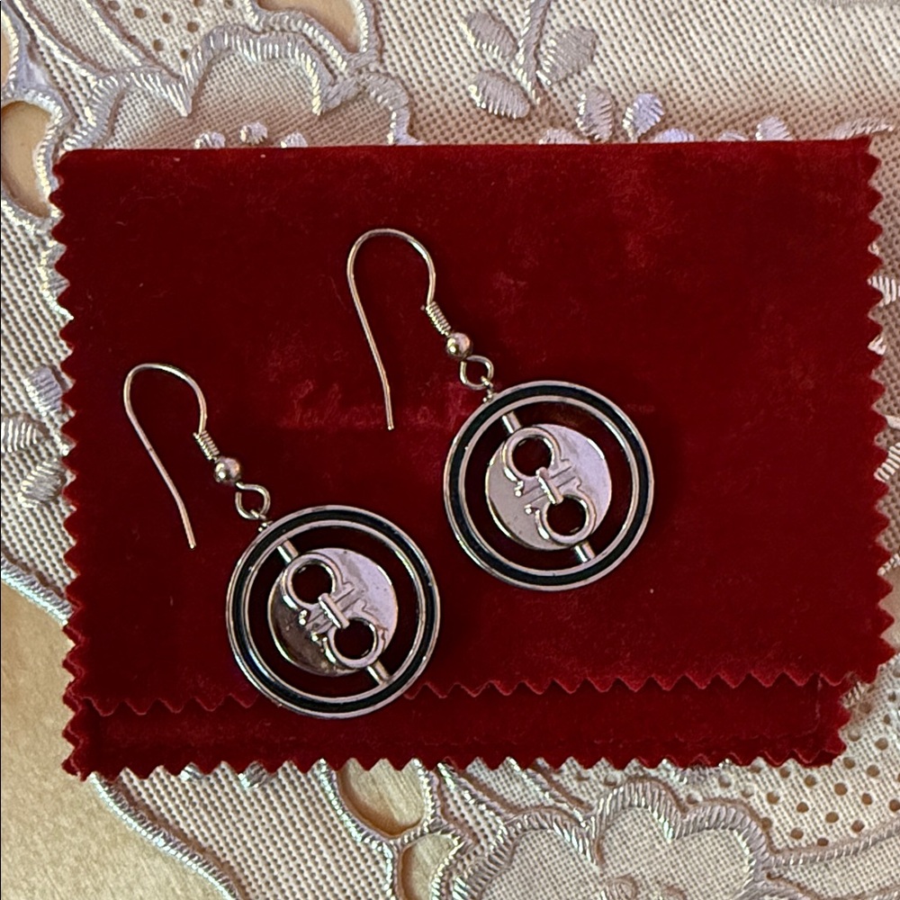 Salvatore Ferrgamo Elegant Silver and Black Detail Earrings